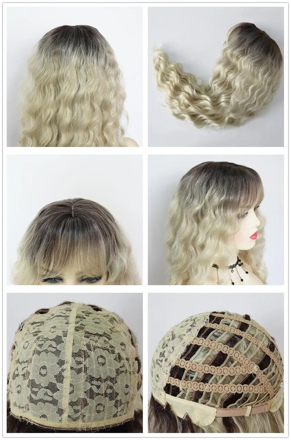 Blonde Curly Wig Synthetic Hair Natural Long Wave Wigs for White Women Free Part Dark Roots Ombre Wigs Trendy Wavy Wig+Stickers