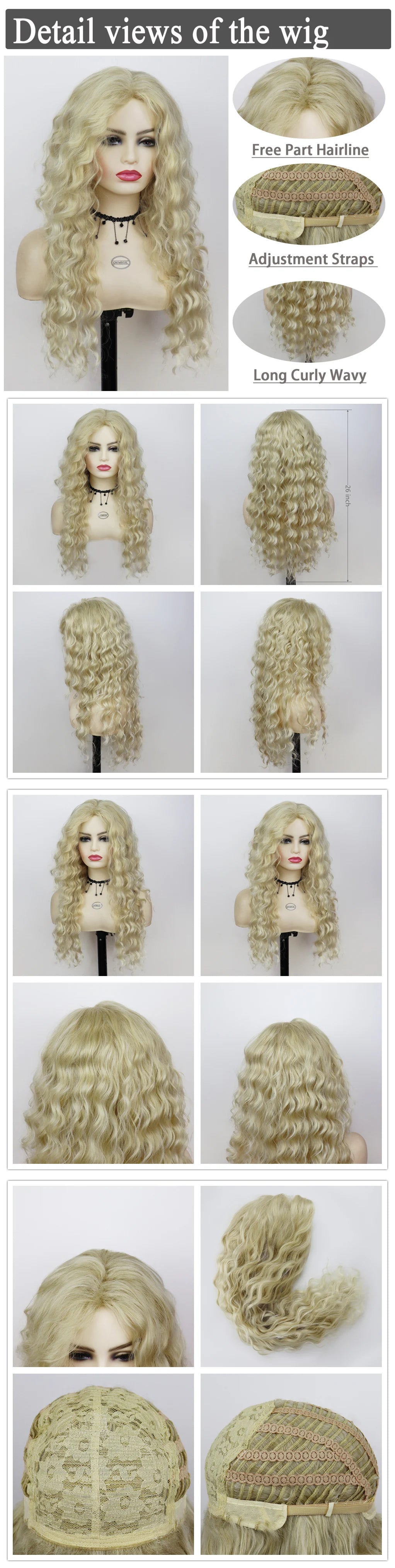Blonde Curly Wig Synthetic Hair Natural Long Wave Wigs for White Women Free Part Dark Roots Ombre Wigs Trendy Wavy Wig+Stickers