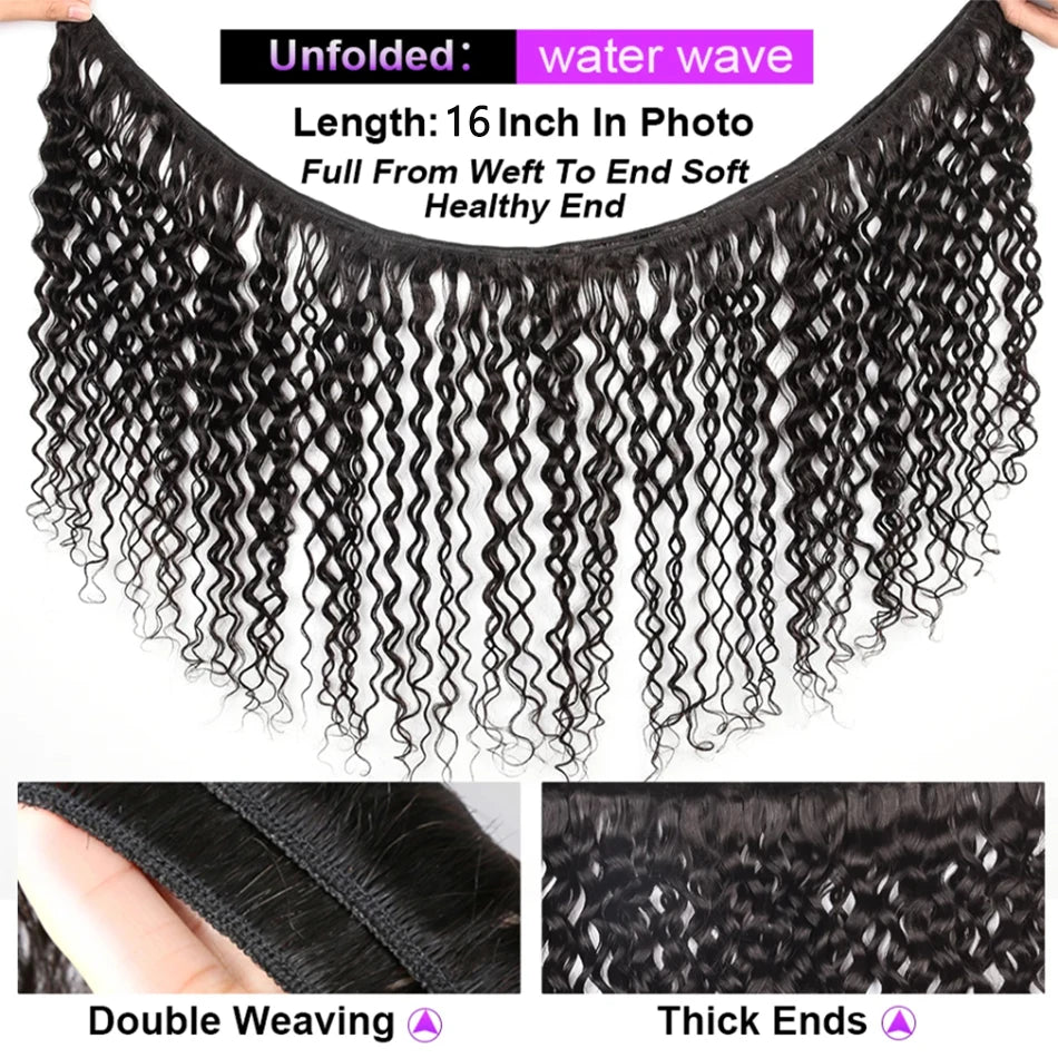 12A Brazilian Water Wave Bundles With Frontal Wet and Wavy Virgin Loose Deep Curly 100% Human Hair Bundles With Closure Tissage