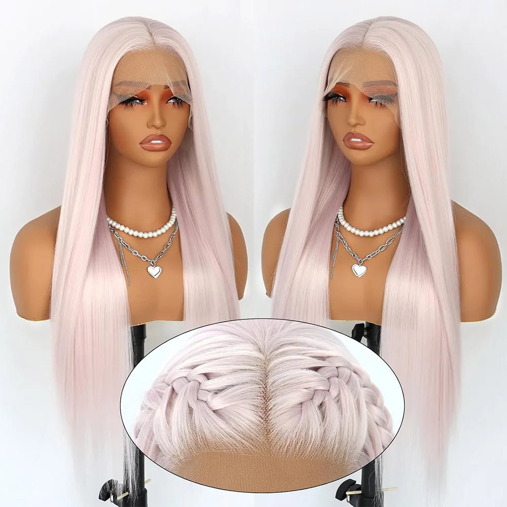 Light Pink Straight Lace Front Wigs 26Inch Pre Plucked Synthetic Lace Wig for Women Heat Resistant Colored Wig Daily Use
