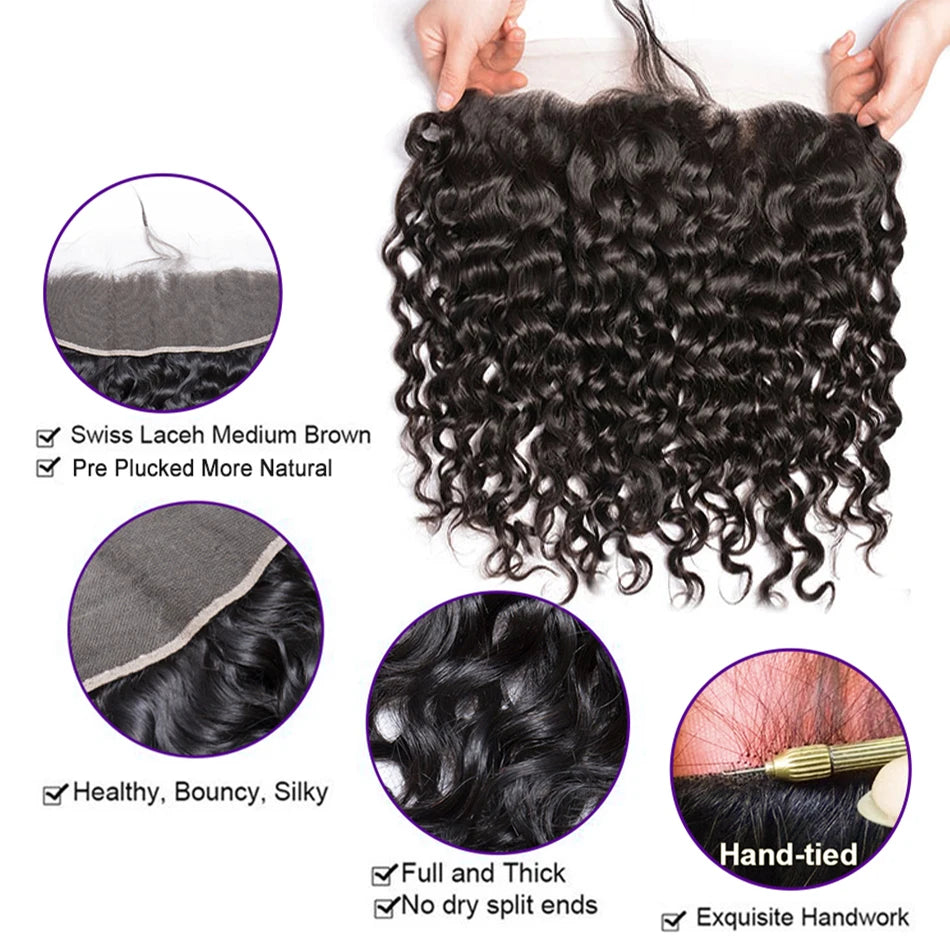 12A Brazilian Water Wave Bundles With Frontal Wet and Wavy Virgin Loose Deep Curly 100% Human Hair Bundles With Closure Tissage