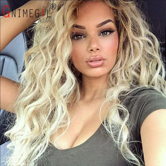 Blonde Curly Wig Synthetic Hair Natural Long Wave Wigs for White Women Free Part Dark Roots Ombre Wigs Trendy Wavy Wig+Stickers