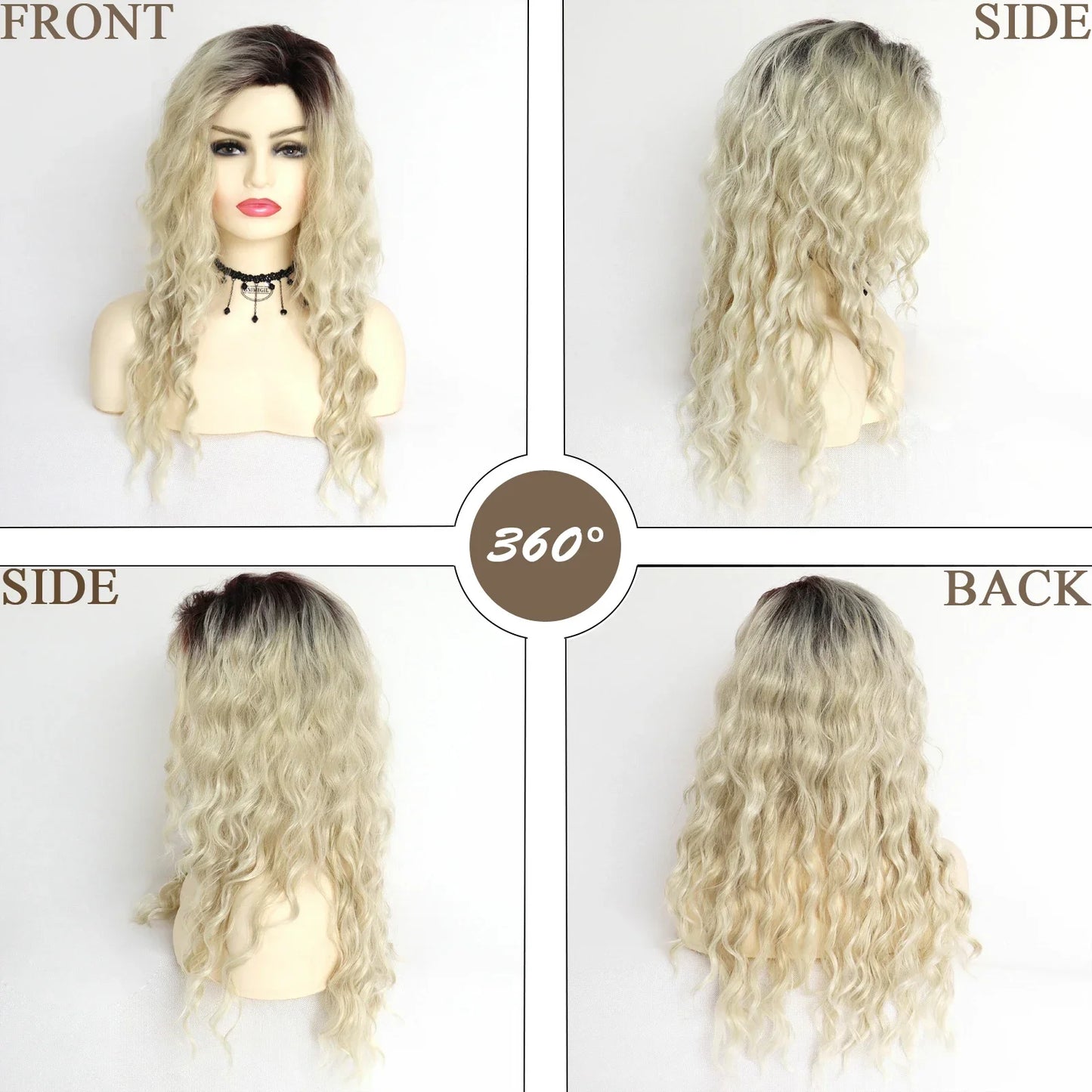 Blonde Curly Wig Synthetic Hair Natural Long Wave Wigs for White Women Free Part Dark Roots Ombre Wigs Trendy Wavy Wig+Stickers