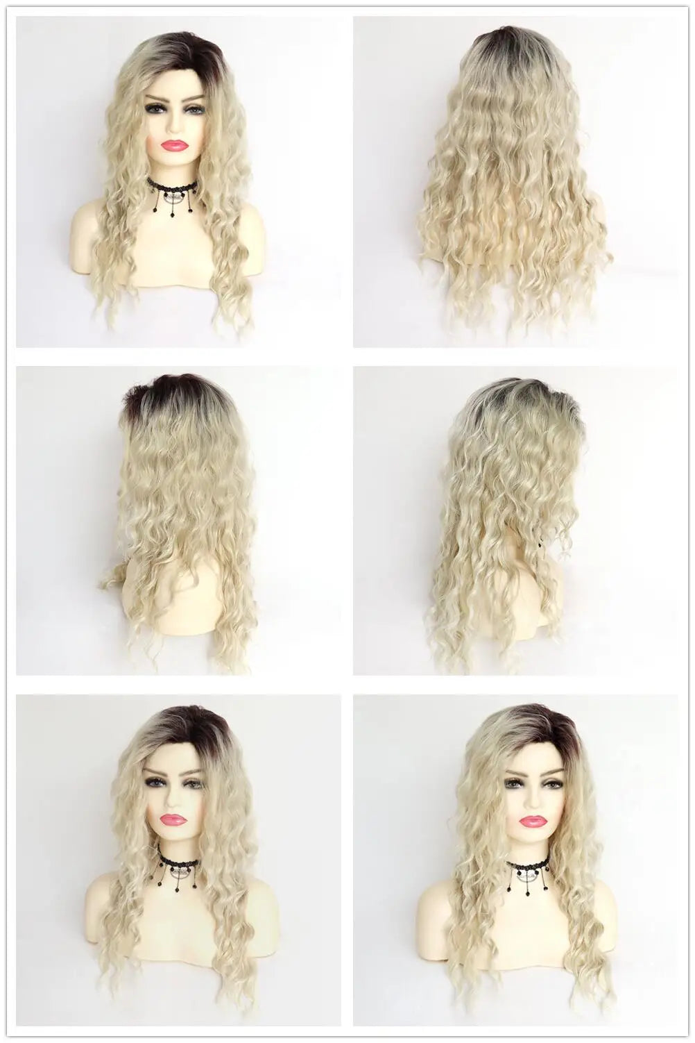 Blonde Curly Wig Synthetic Hair Natural Long Wave Wigs for White Women Free Part Dark Roots Ombre Wigs Trendy Wavy Wig+Stickers