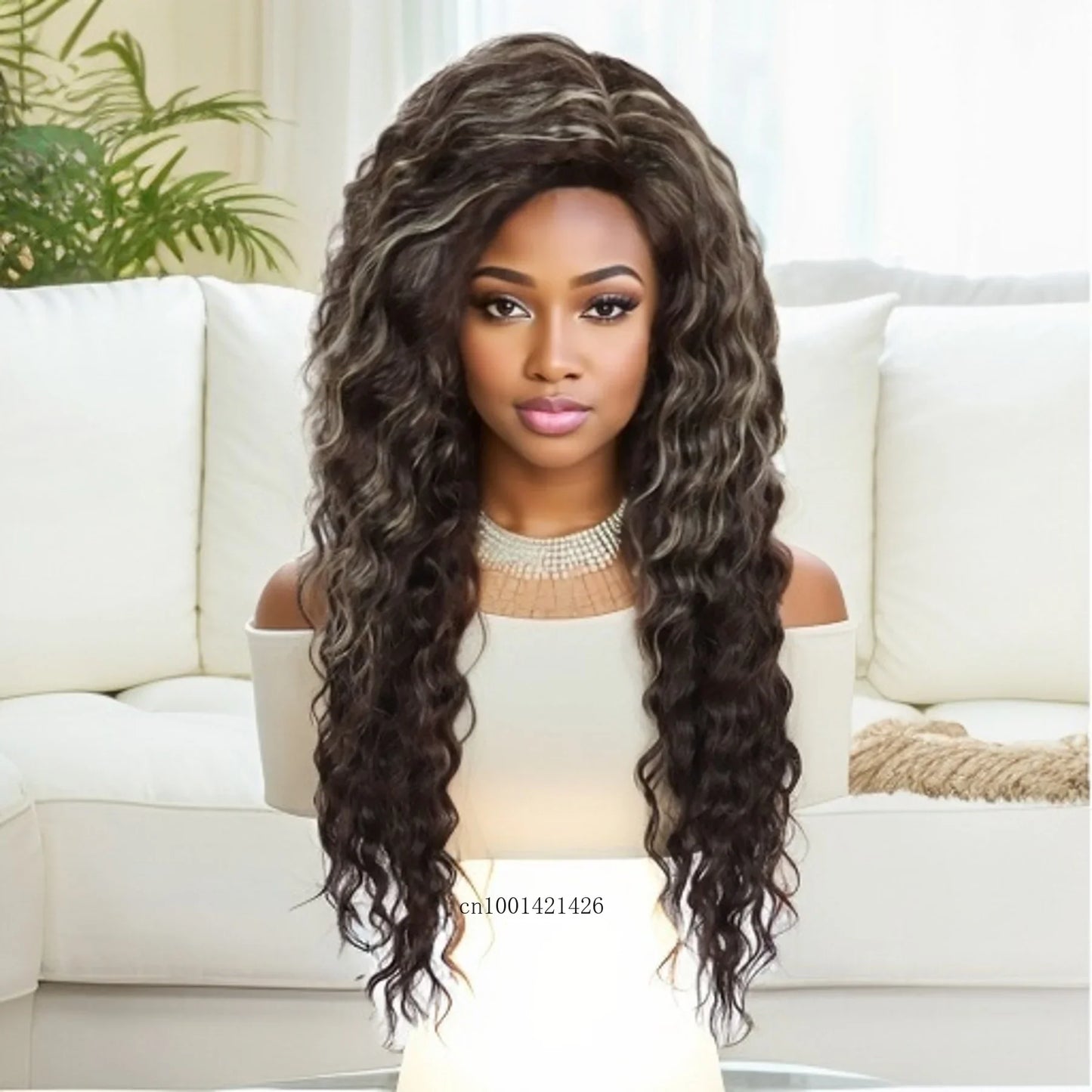 Blonde Curly Wig Synthetic Hair Natural Long Wave Wigs for White Women Free Part Dark Roots Ombre Wigs Trendy Wavy Wig+Stickers