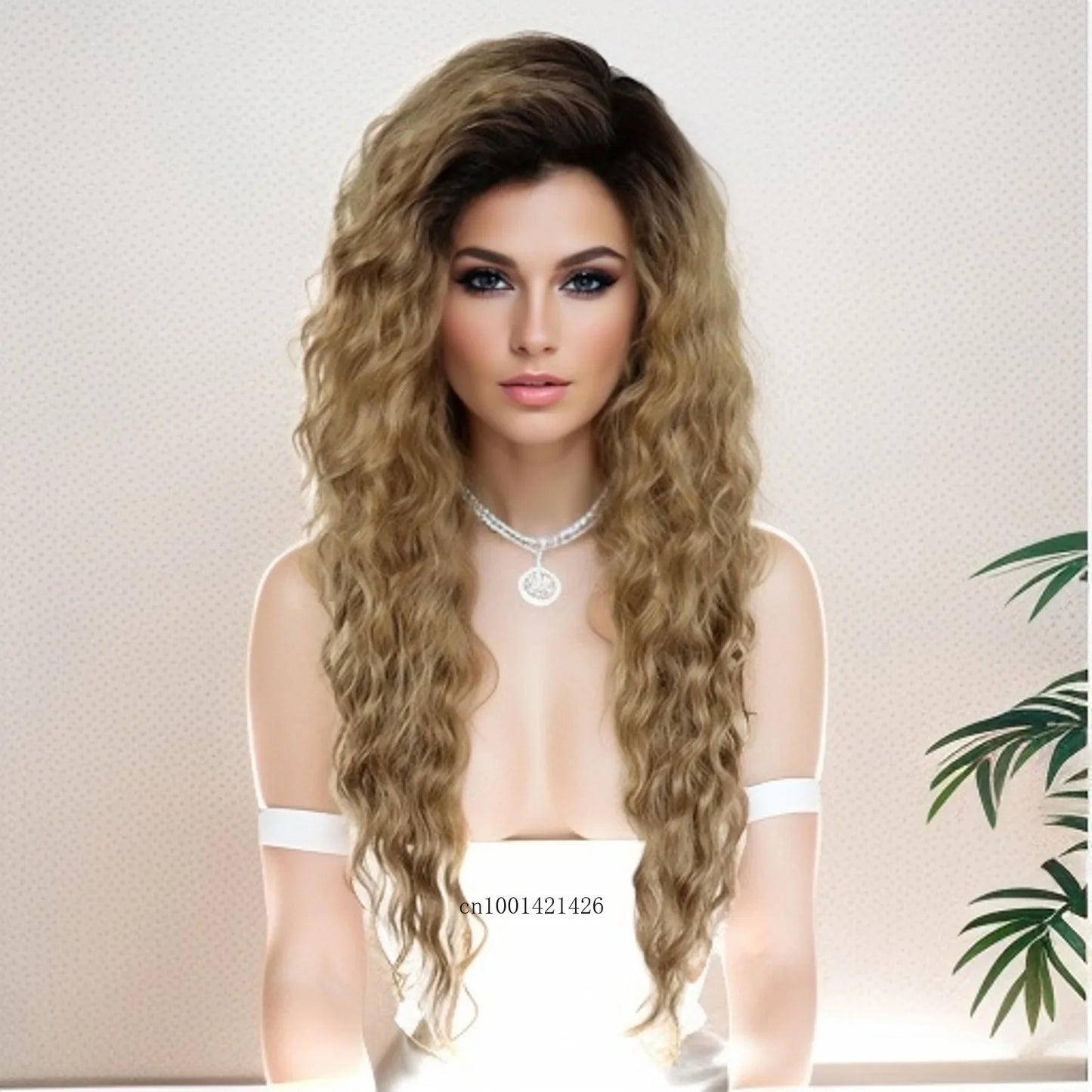 Blonde Curly Wig Synthetic Hair Natural Long Wave Wigs for White Women Free Part Dark Roots Ombre Wigs Trendy Wavy Wig+Stickers