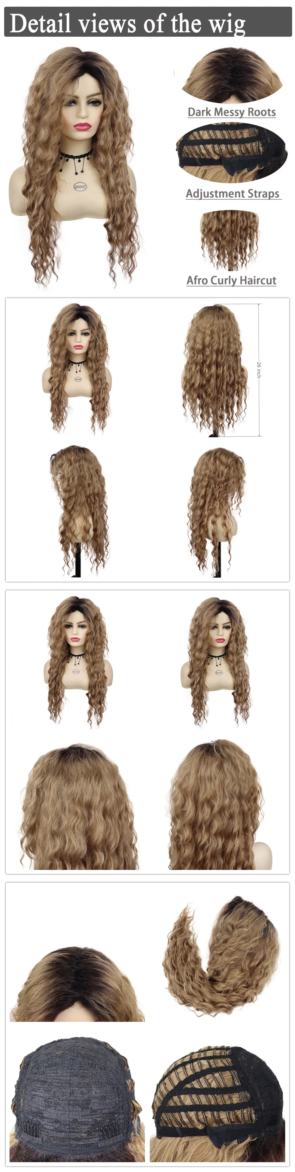 Blonde Curly Wig Synthetic Hair Natural Long Wave Wigs for White Women Free Part Dark Roots Ombre Wigs Trendy Wavy Wig+Stickers