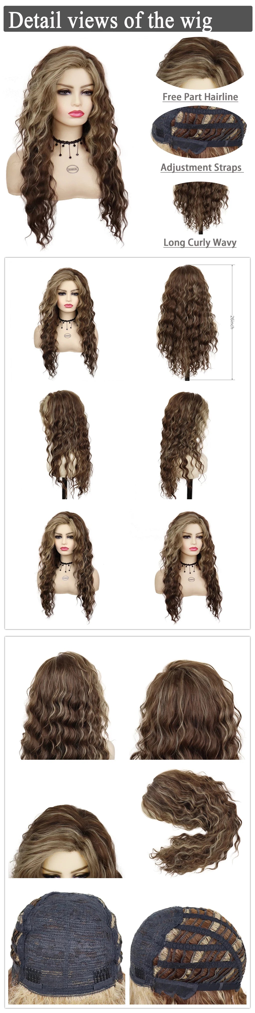 Blonde Curly Wig Synthetic Hair Natural Long Wave Wigs for White Women Free Part Dark Roots Ombre Wigs Trendy Wavy Wig+Stickers