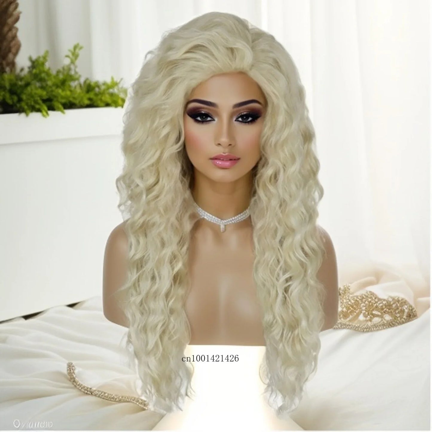 Blonde Curly Wig Synthetic Hair Natural Long Wave Wigs for White Women Free Part Dark Roots Ombre Wigs Trendy Wavy Wig+Stickers
