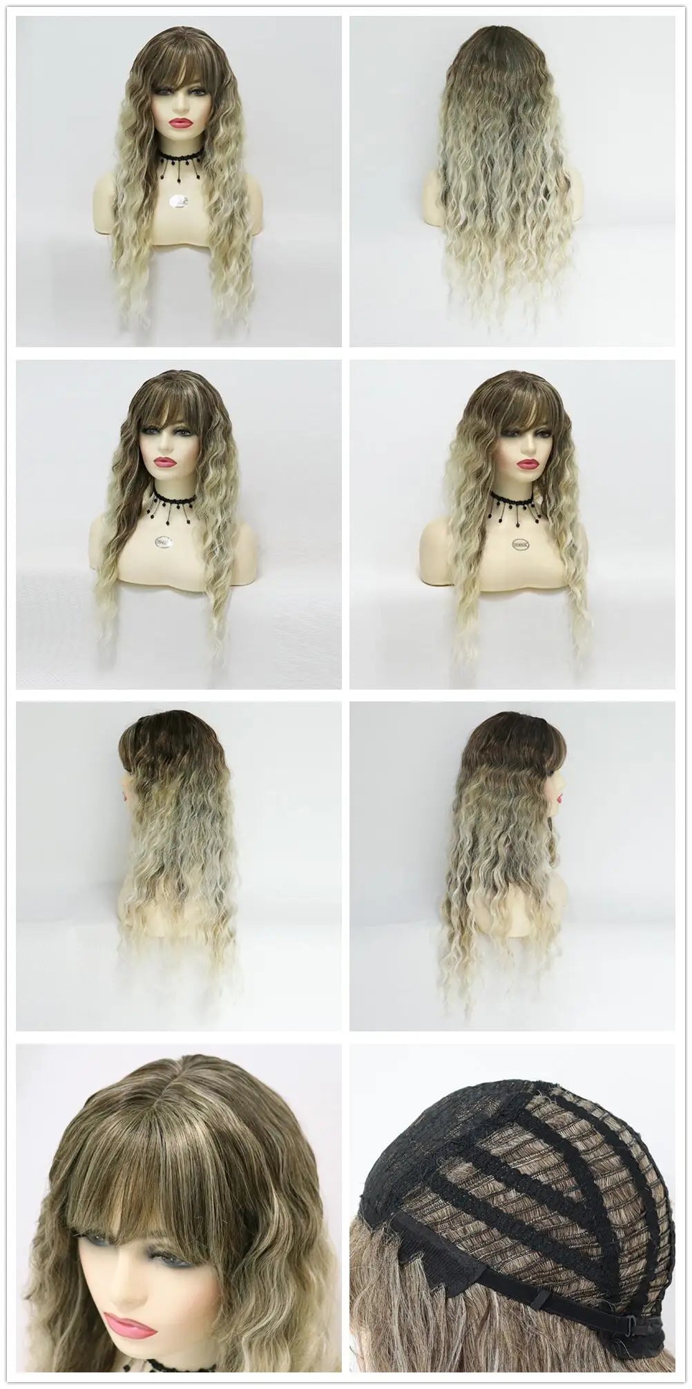 Blonde Curly Wig Synthetic Hair Natural Long Wave Wigs for White Women Free Part Dark Roots Ombre Wigs Trendy Wavy Wig+Stickers