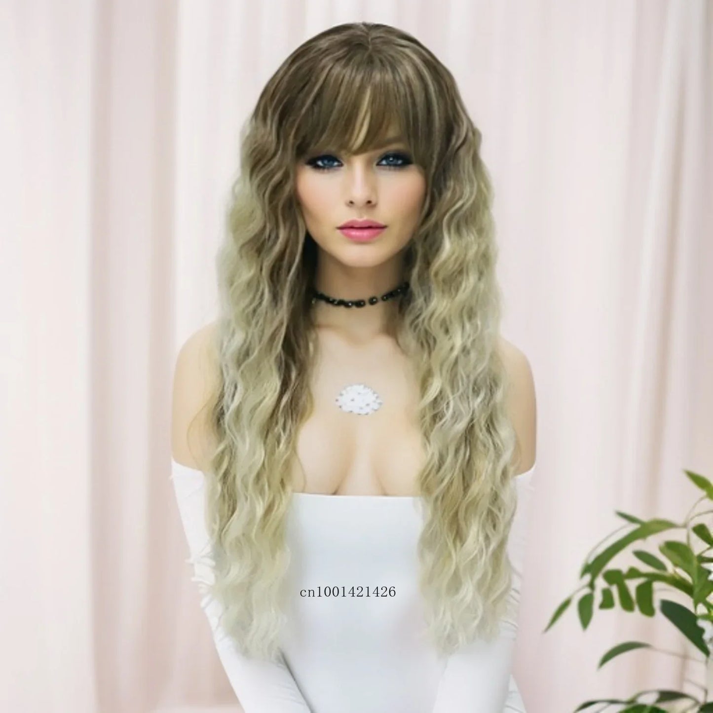 Blonde Curly Wig Synthetic Hair Natural Long Wave Wigs for White Women Free Part Dark Roots Ombre Wigs Trendy Wavy Wig+Stickers