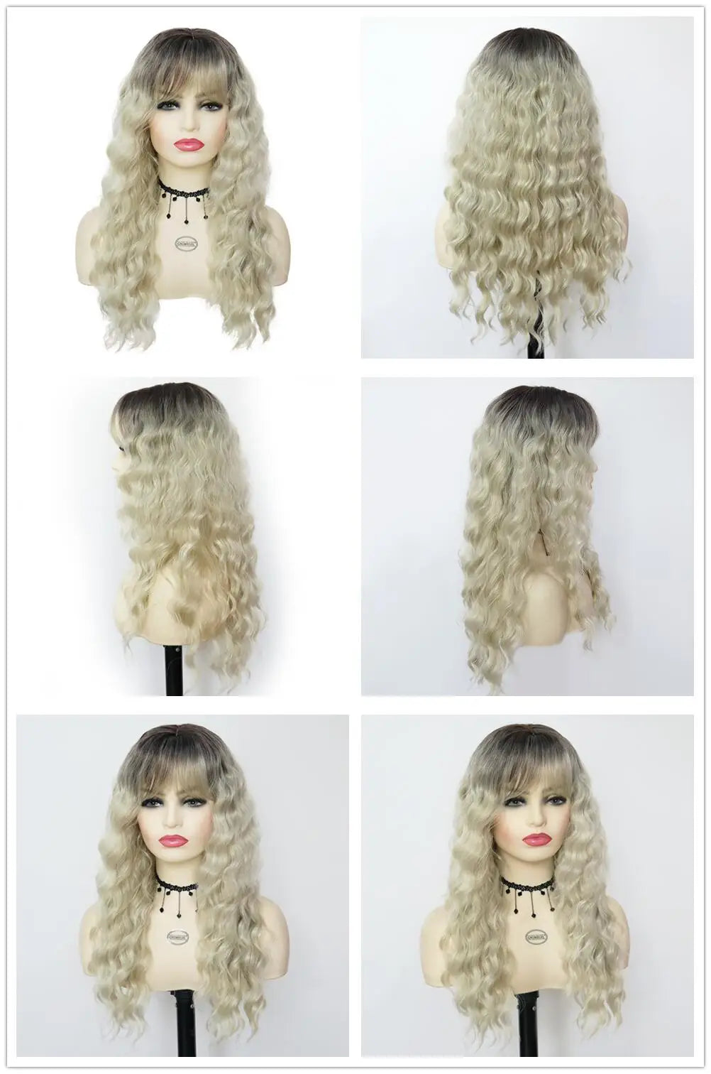 Blonde Curly Wig Synthetic Hair Natural Long Wave Wigs for White Women Free Part Dark Roots Ombre Wigs Trendy Wavy Wig+Stickers