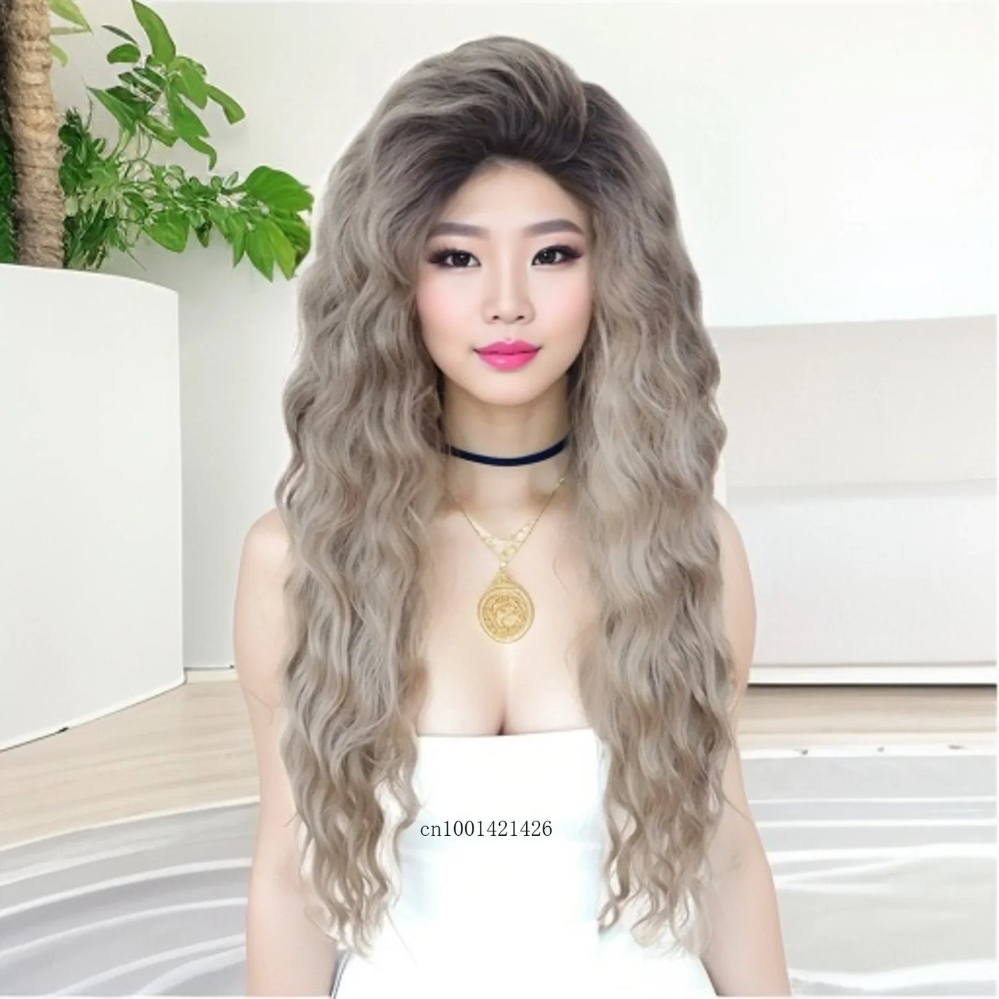Blonde Curly Wig Synthetic Hair Natural Long Wave Wigs for White Women Free Part Dark Roots Ombre Wigs Trendy Wavy Wig+Stickers