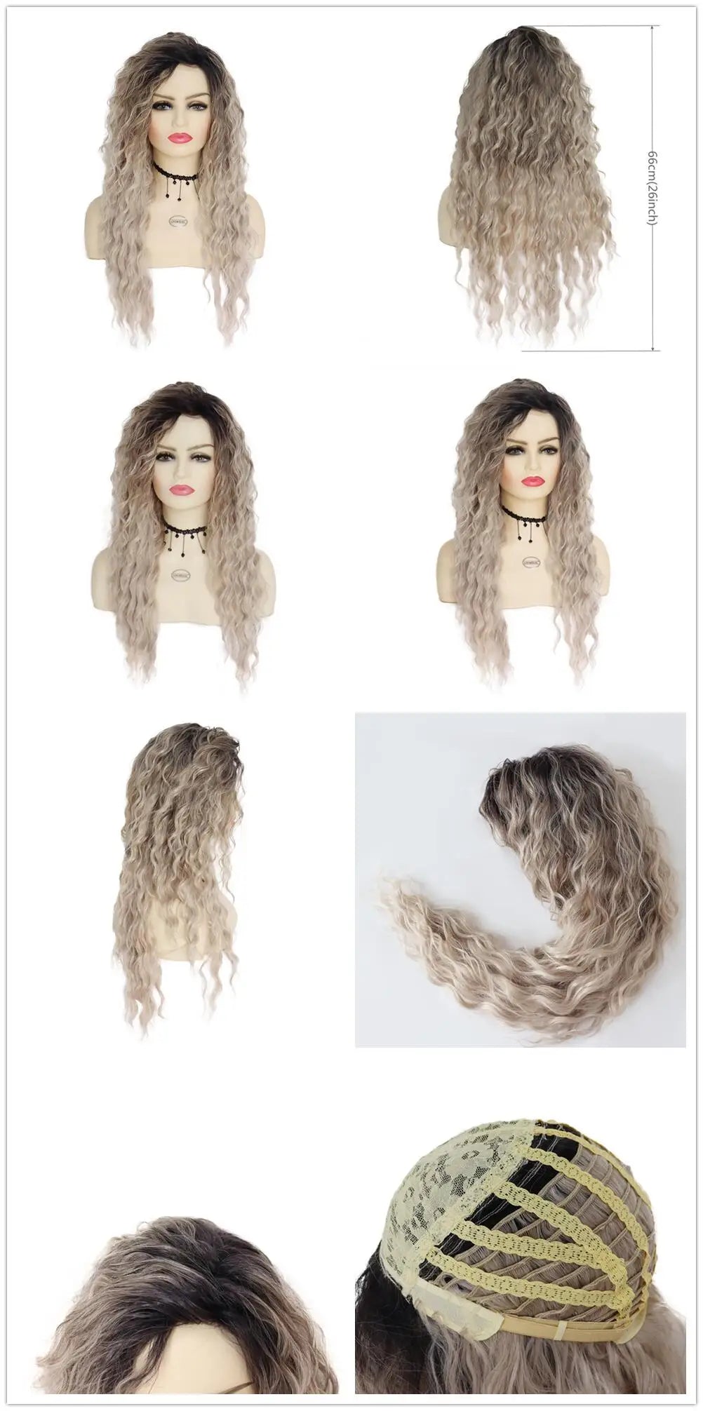 Blonde Curly Wig Synthetic Hair Natural Long Wave Wigs for White Women Free Part Dark Roots Ombre Wigs Trendy Wavy Wig+Stickers