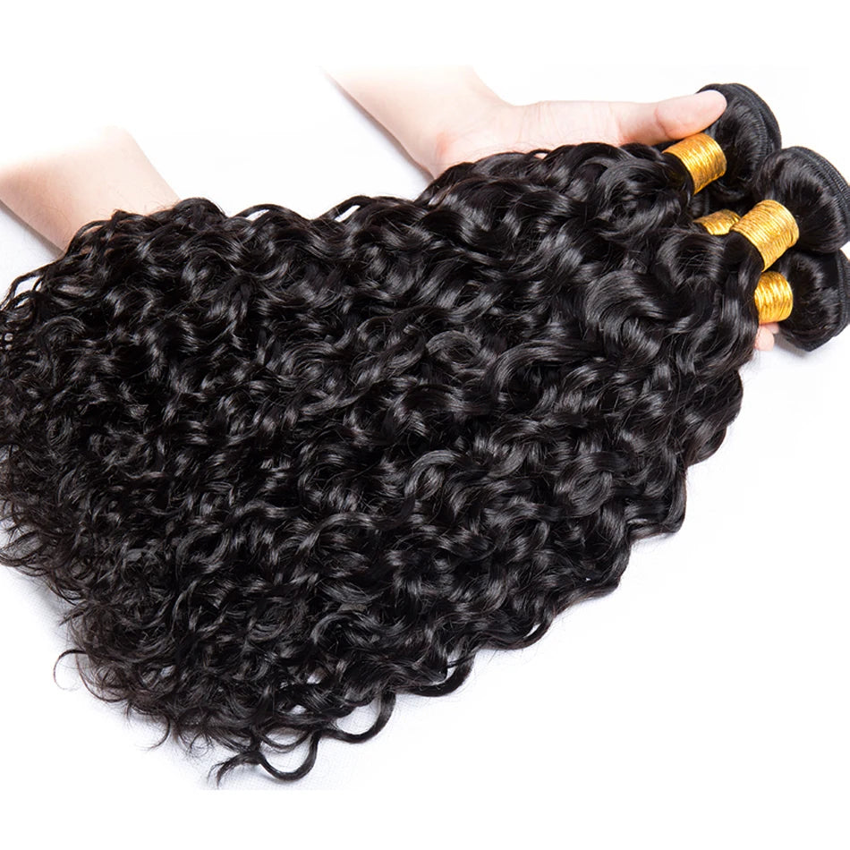 12A Brazilian Water Wave Bundles With Frontal Wet and Wavy Virgin Loose Deep Curly 100% Human Hair Bundles With Closure Tissage