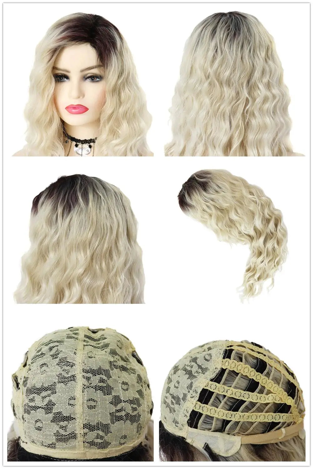 Blonde Curly Wig Synthetic Hair Natural Long Wave Wigs for White Women Free Part Dark Roots Ombre Wigs Trendy Wavy Wig+Stickers