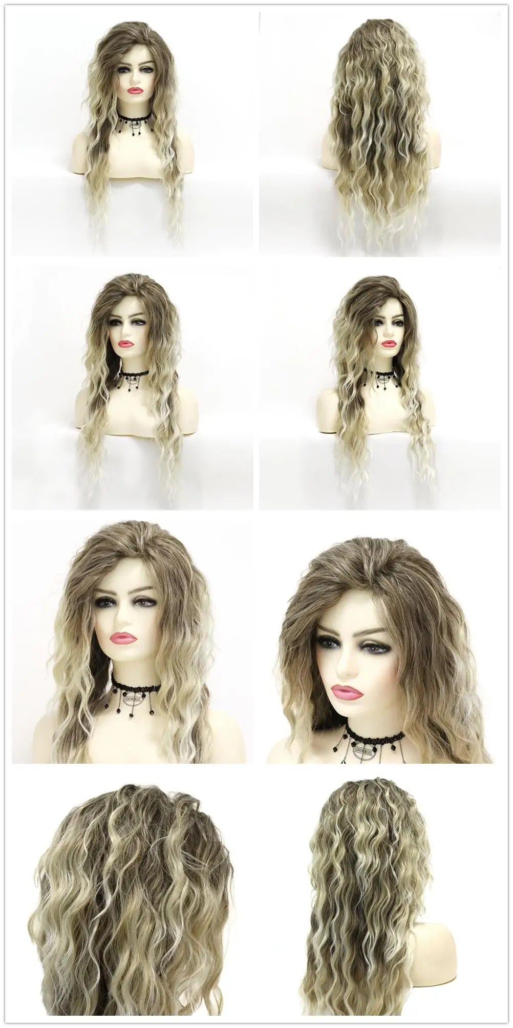 Blonde Curly Wig Synthetic Hair Natural Long Wave Wigs for White Women Free Part Dark Roots Ombre Wigs Trendy Wavy Wig+Stickers