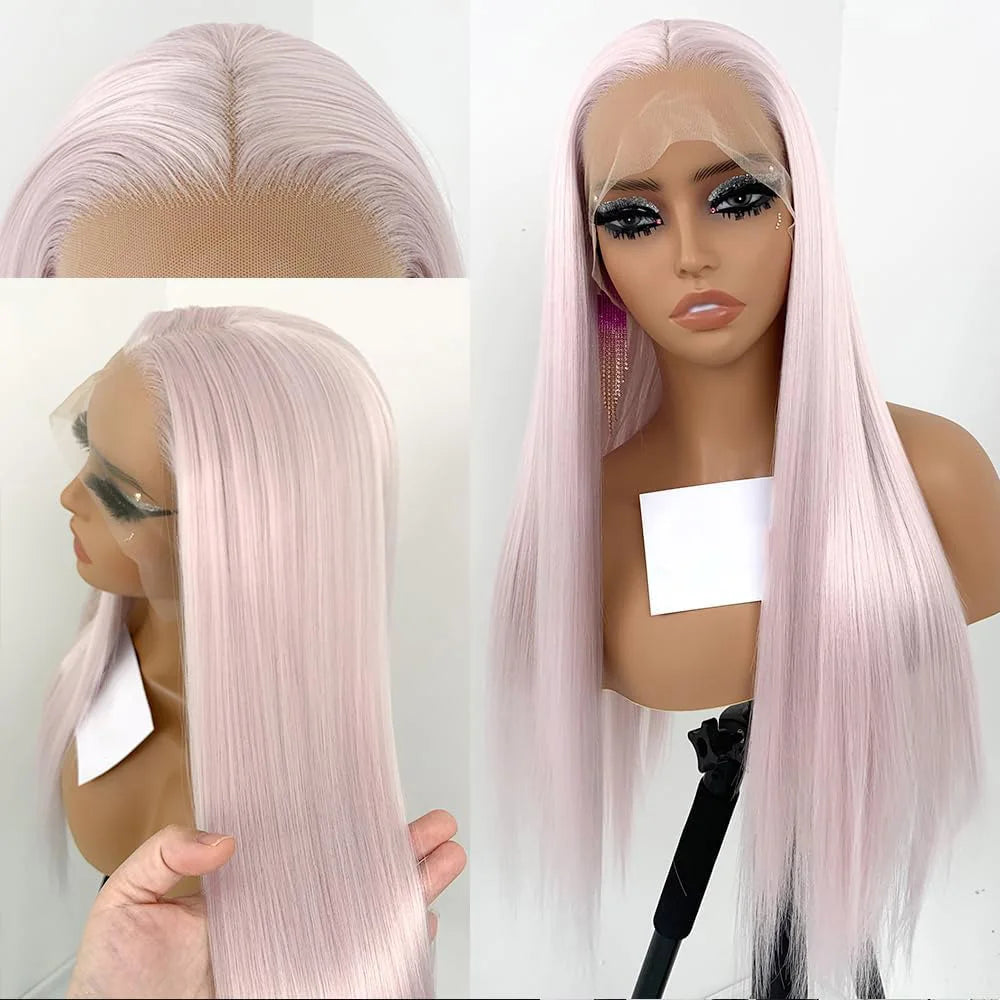 Light Pink Straight Lace Front Wigs 26Inch Pre Plucked Synthetic Lace Wig for Women Heat Resistant Colored Wig Daily Use