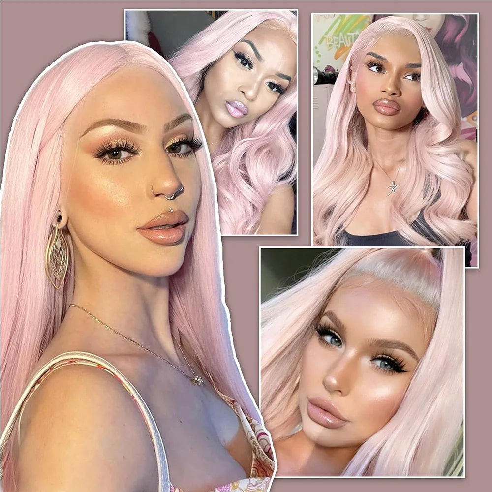 Light Pink Straight Lace Front Wigs 26Inch Pre Plucked Synthetic Lace Wig for Women Heat Resistant Colored Wig Daily Use