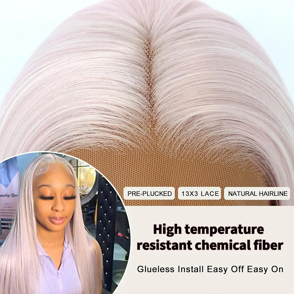 Light Pink Straight Lace Front Wigs 26Inch Pre Plucked Synthetic Lace Wig for Women Heat Resistant Colored Wig Daily Use